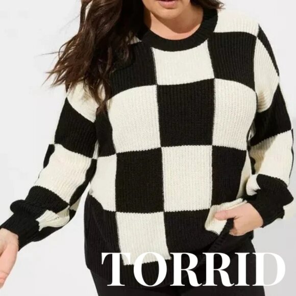 Torrid Black and White Crew Neck Sweater with Checkerboard Pattern - Picture 1 of 7